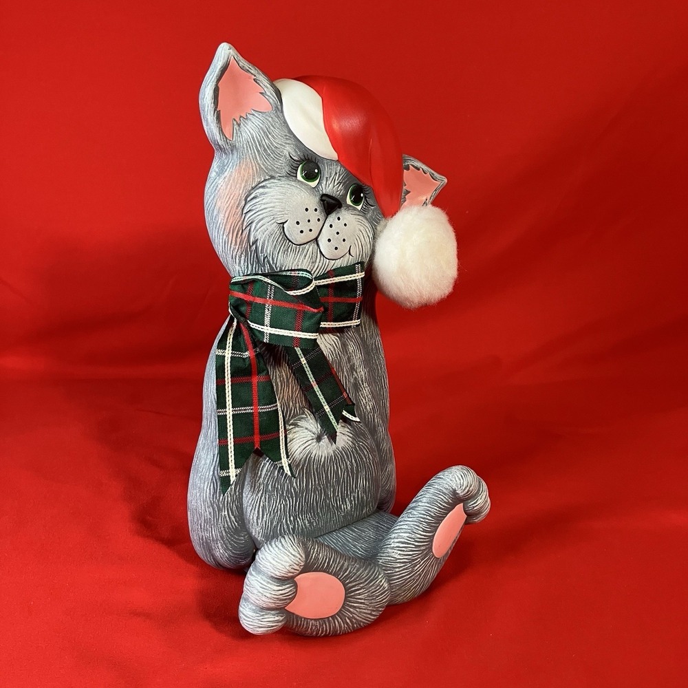 1992 Ceramic Cat With Santa Hat / Christmas Card Holder / 10.5" Tall